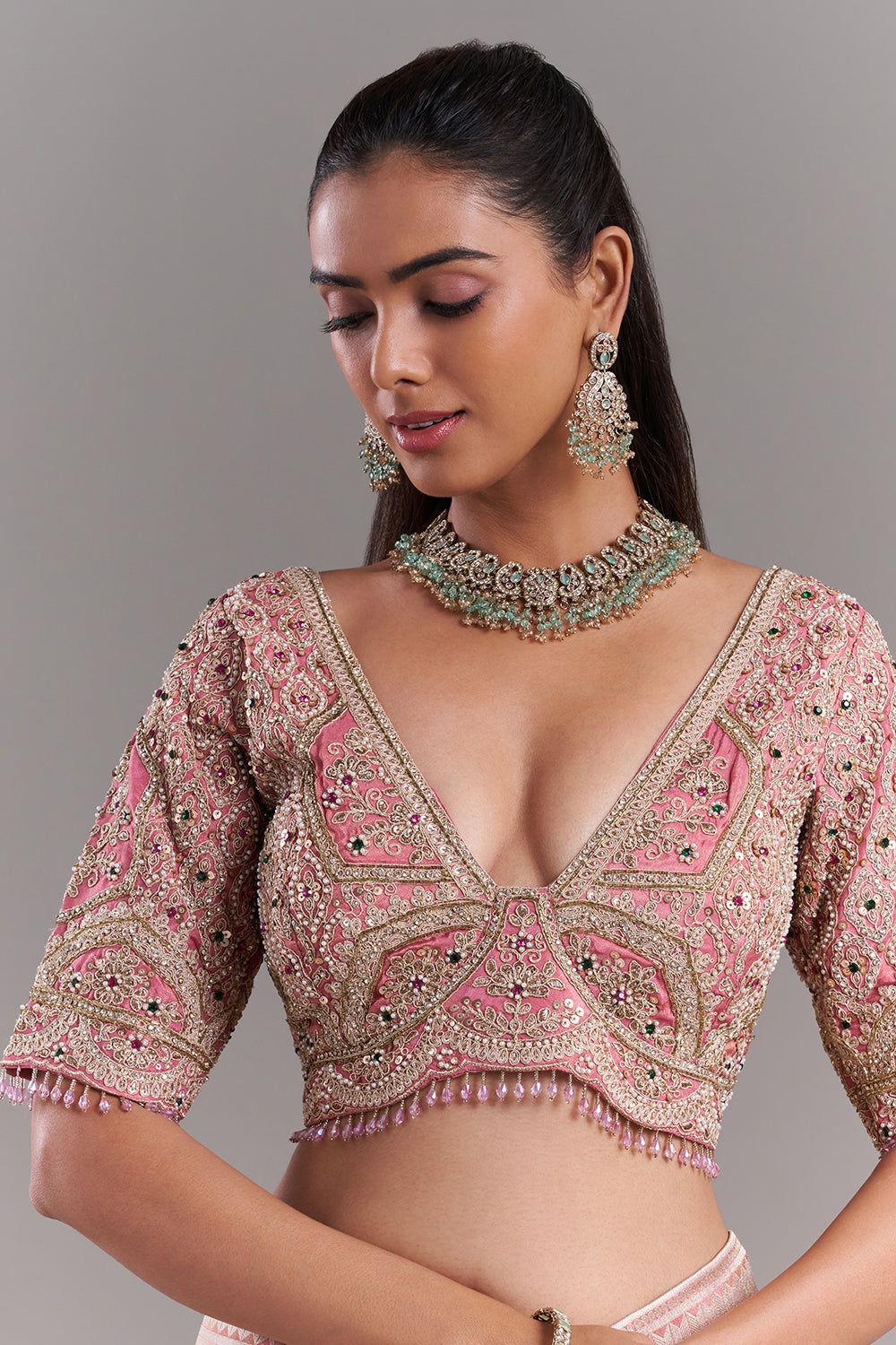 Pink Shimmer Tissue Banarasi Saree with Stitched Blouse