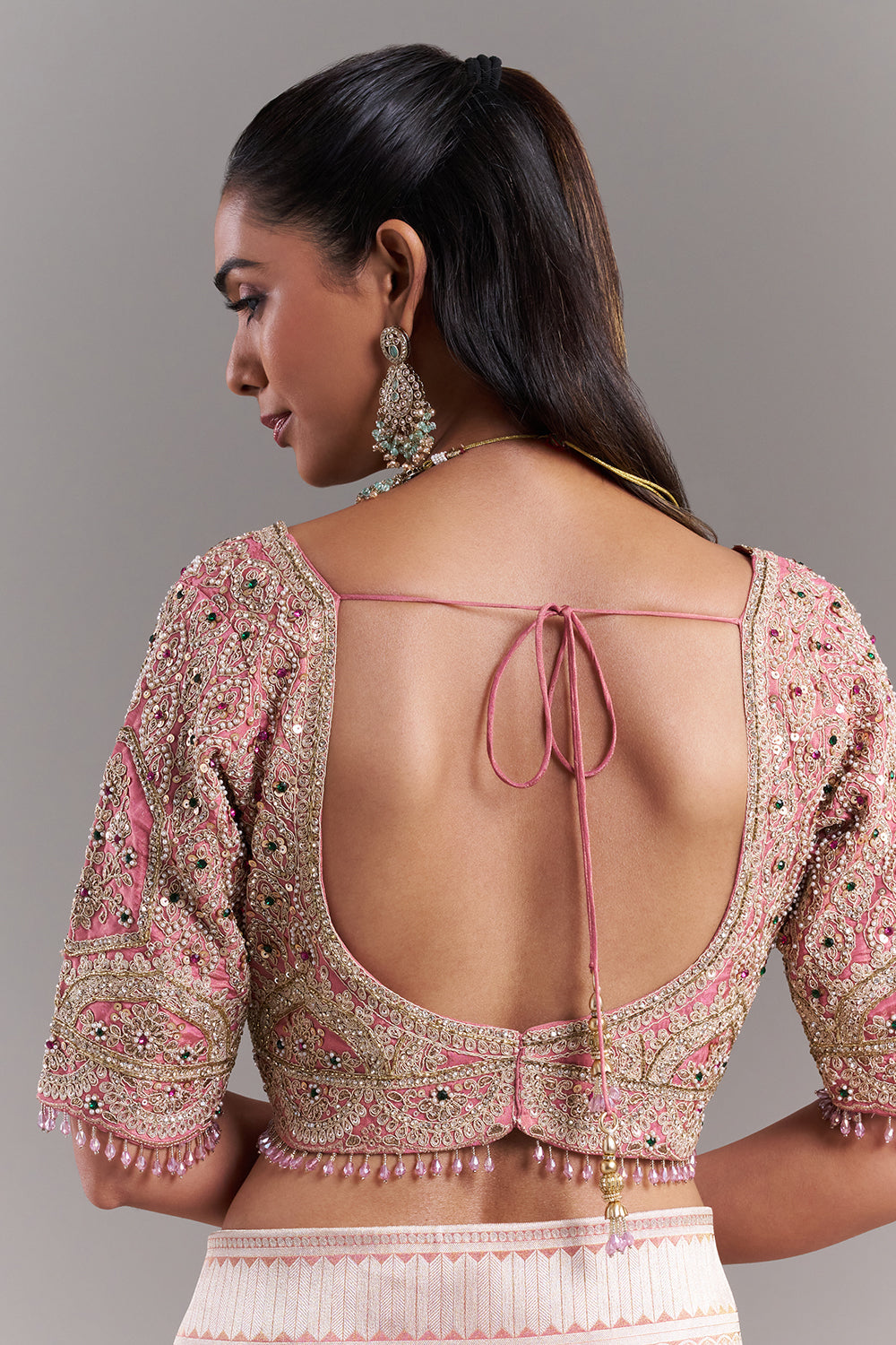 Pink Shimmer Tissue Banarasi Saree with Stitched Blouse