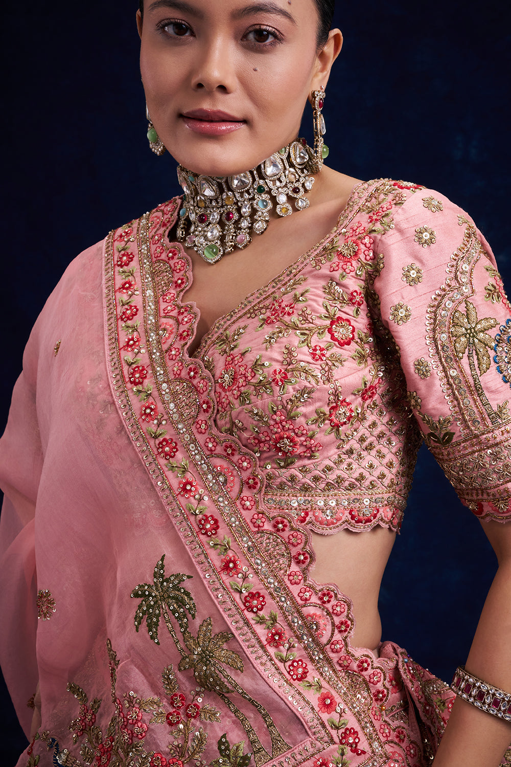 Pink Silk Bridal Lehenga with Zardozi and French Knot Work