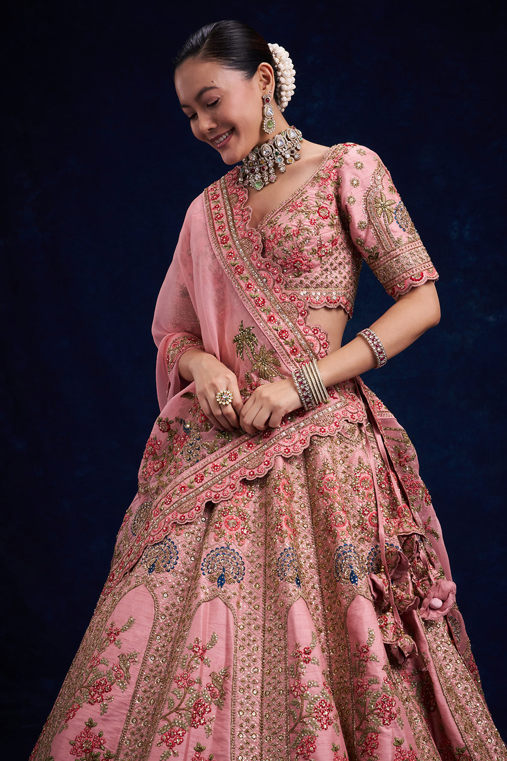 Pink Silk Bridal Lehenga with Zardozi and French Knot Work