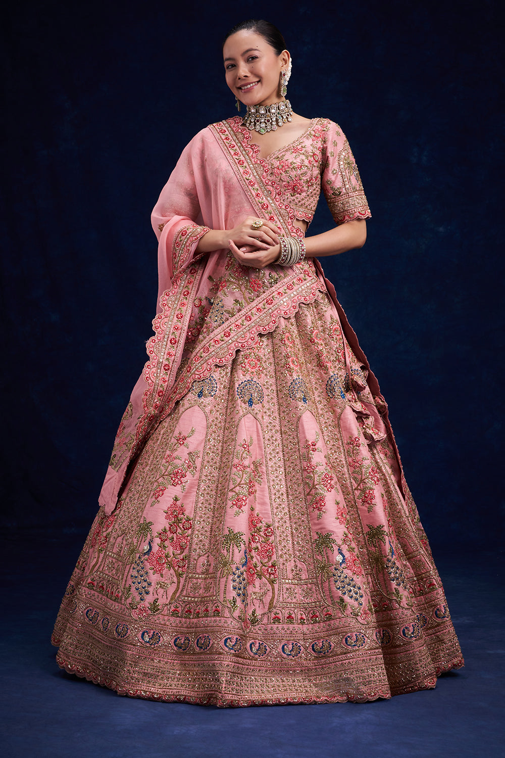 Pink Silk Bridal Lehenga with Zardozi and French Knot Work
