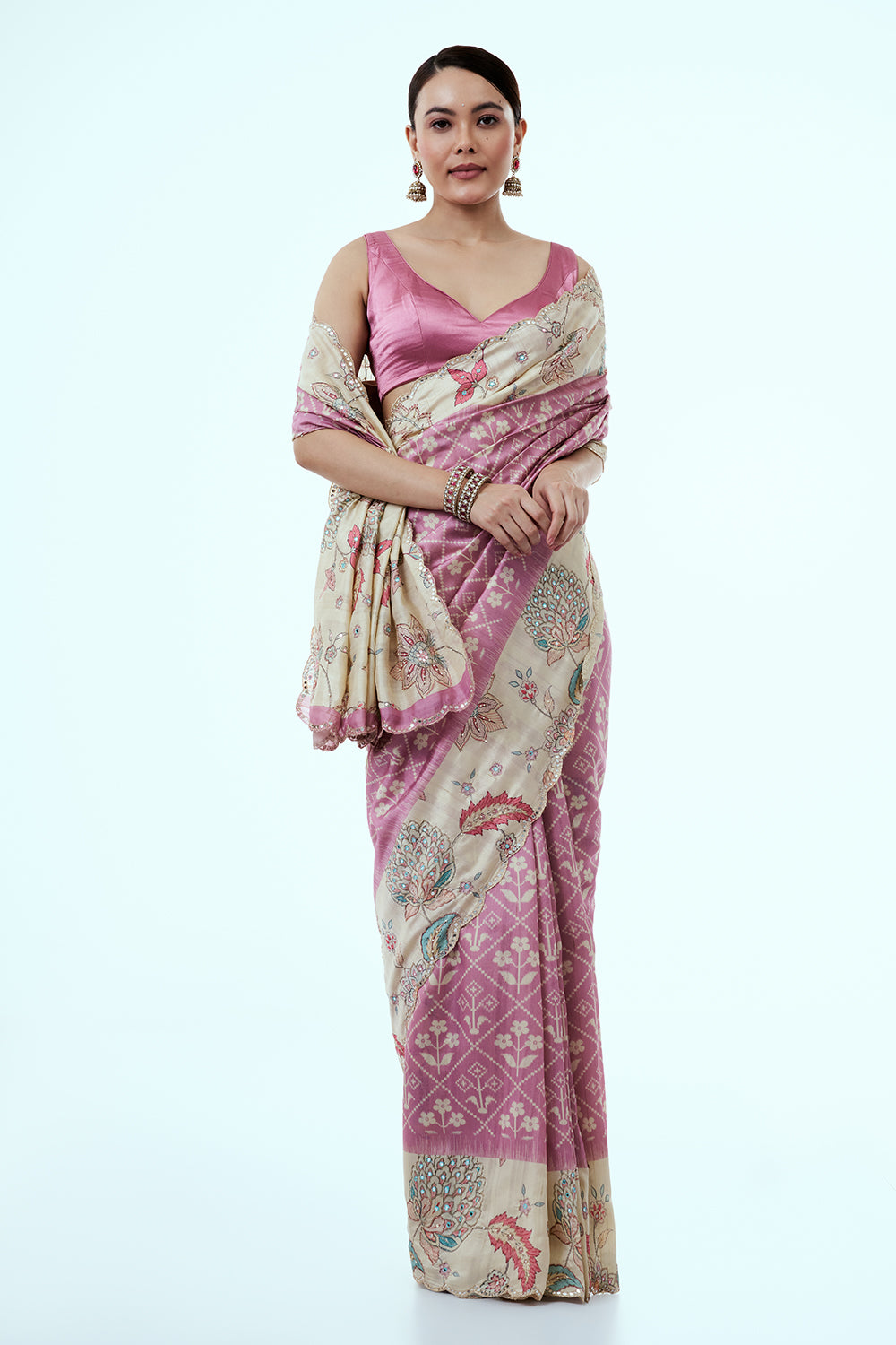 Pink Tussar Silk Saree with Floral Print