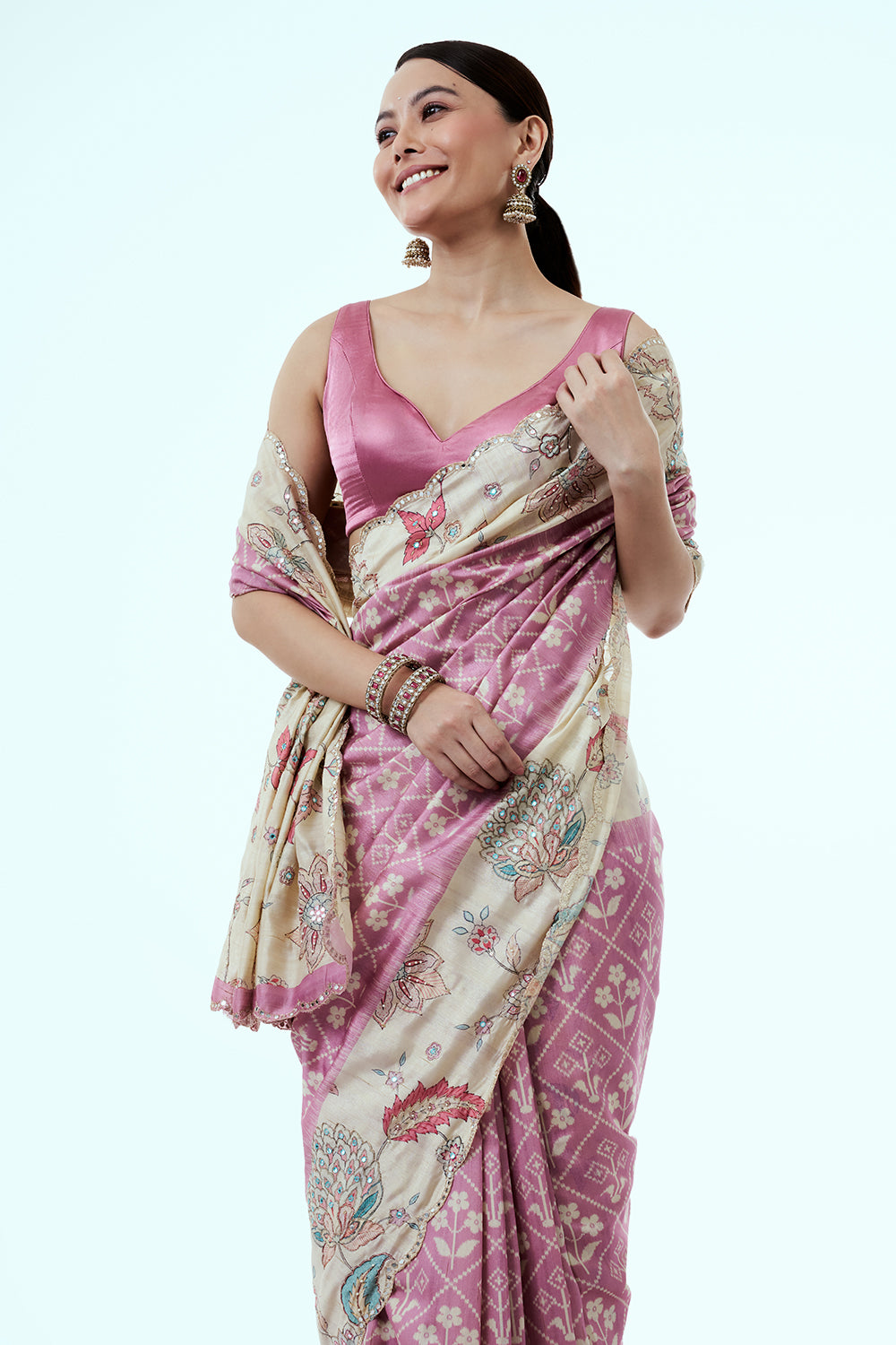 Pink Tussar Silk Saree with Floral Print