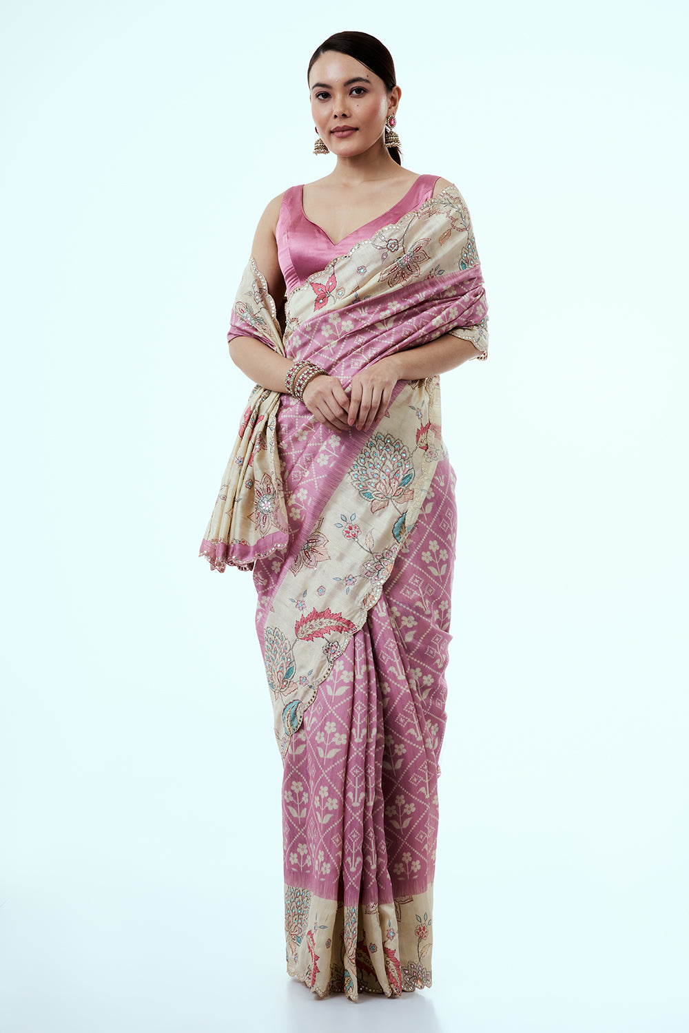 Pink Tussar Silk Saree with Floral Print