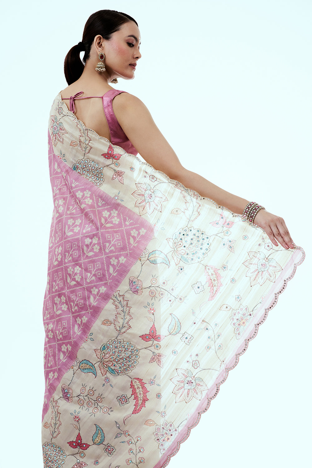 Pink Tussar Silk Saree with Floral Print