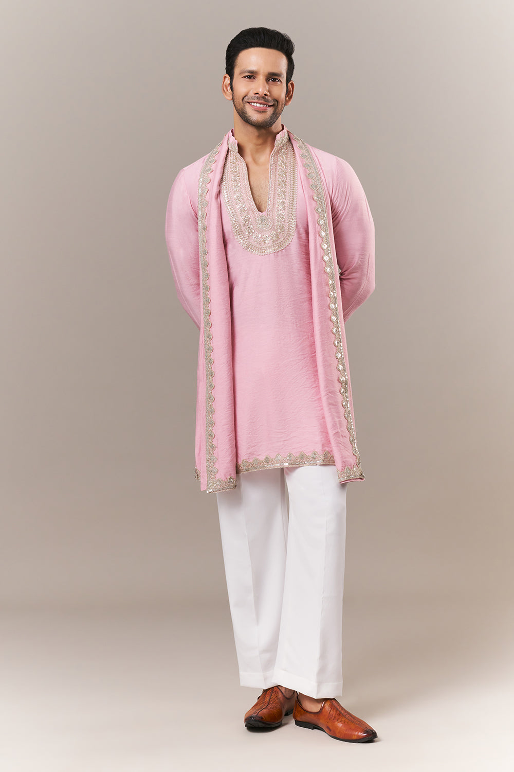 Pink Viscose Mens Kurta Set with Dori and Sequins Work