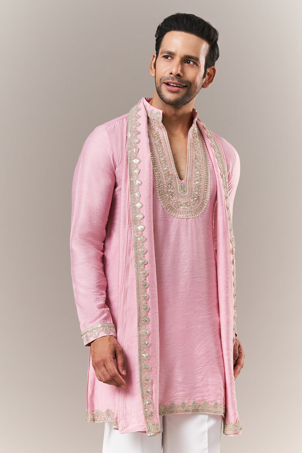 Pink Viscose Mens Kurta Set with Dori and Sequins Work