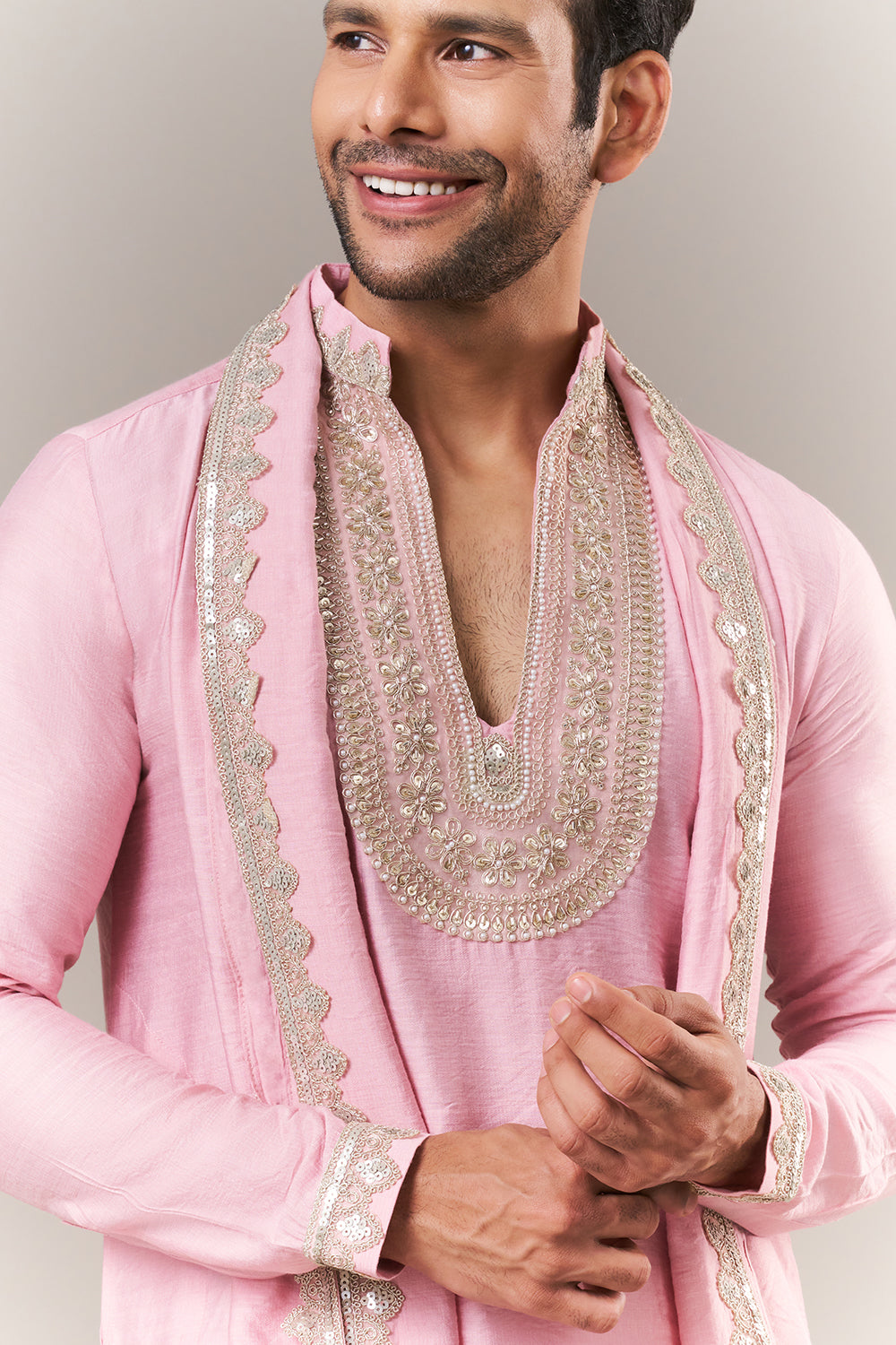 Pink Viscose Mens Kurta Set with Dori and Sequins Work