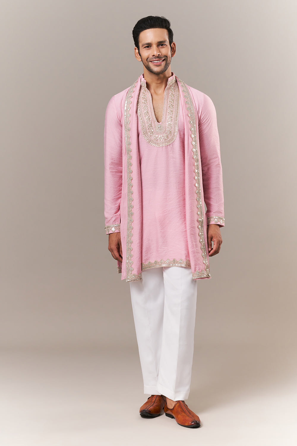 Pink Viscose Mens Kurta Set with Dori and Sequins Work