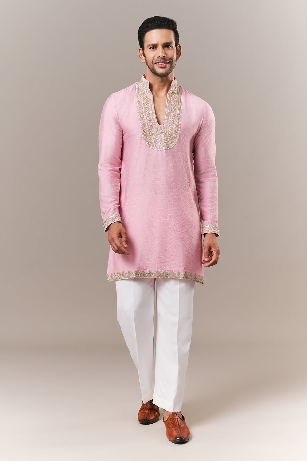 Pink Viscose Mens Kurta Set with Dori and Sequins Work
