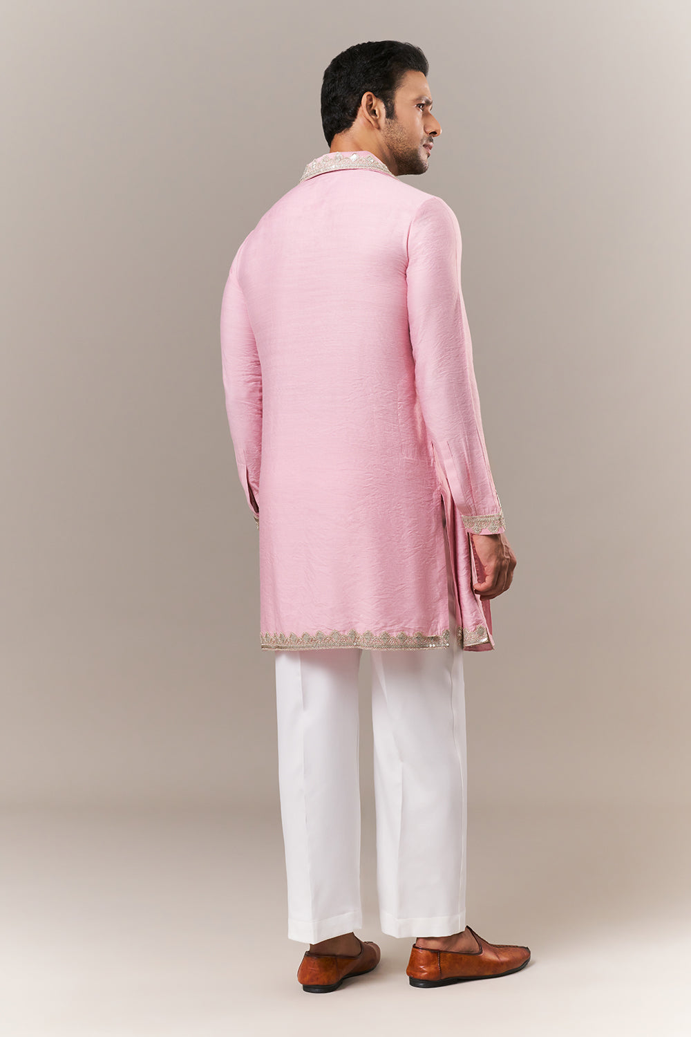 Pink Viscose Mens Kurta Set with Dori and Sequins Work