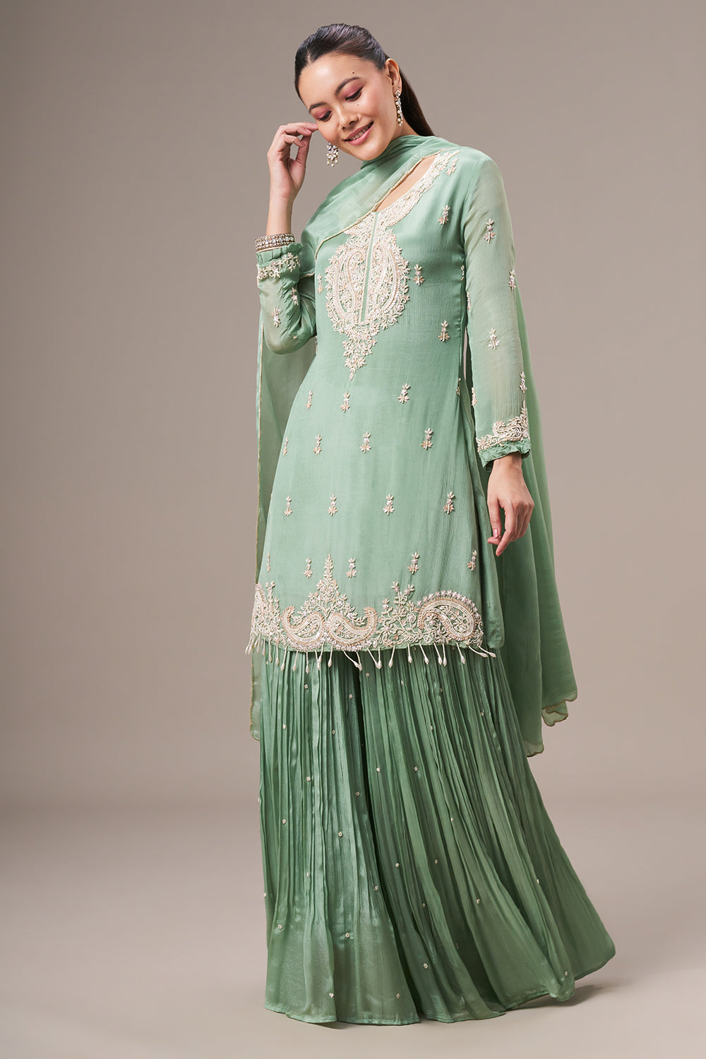 Pista Green Chinon Sharara Suit with Pearl and Sequin Work