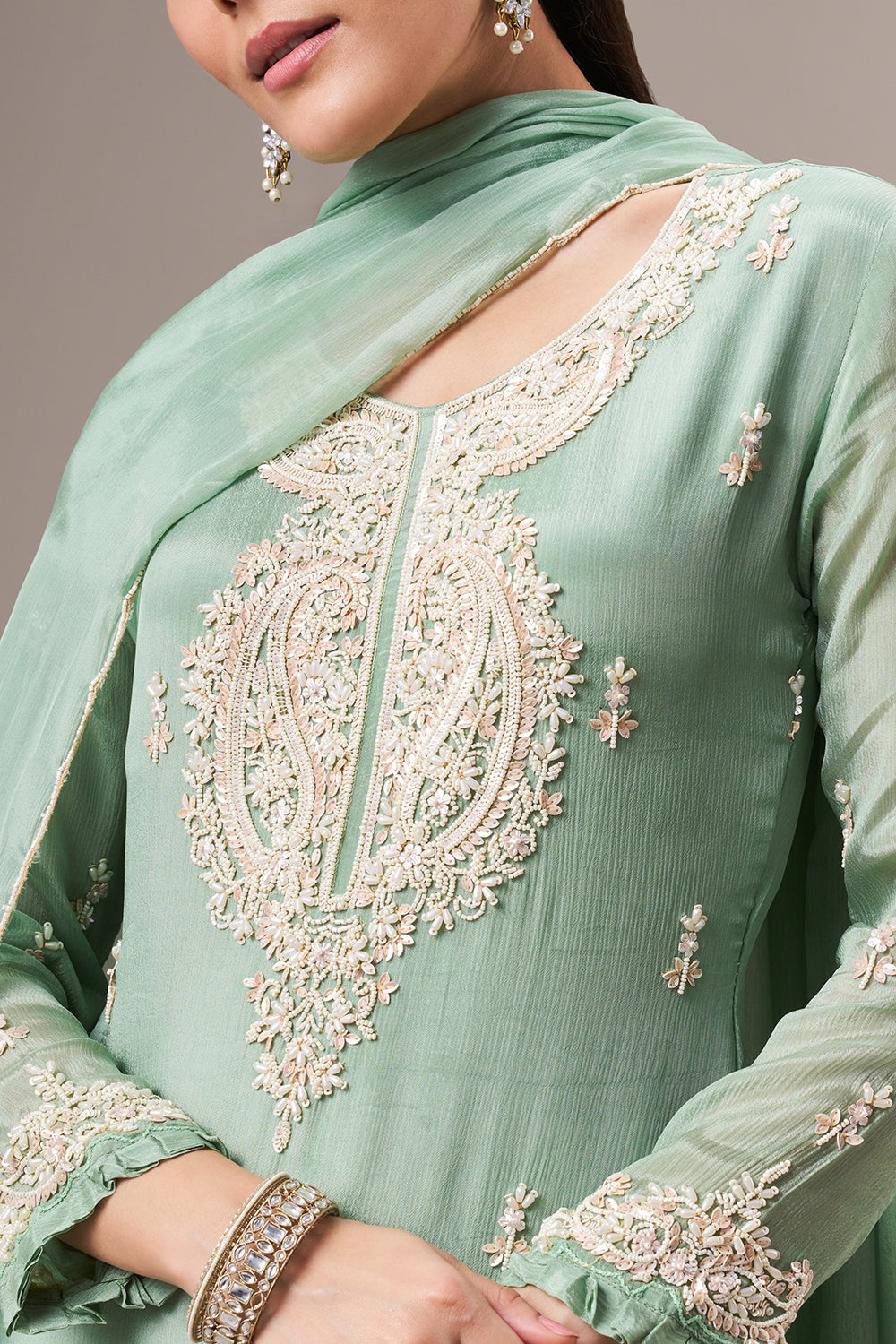 Pista Green Chinon Sharara Suit with Pearl and Sequin Work