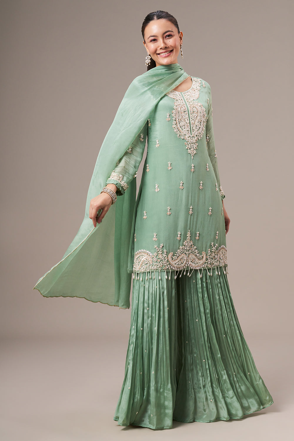 Pista Green Chinon Sharara Suit with Pearl and Sequin Work