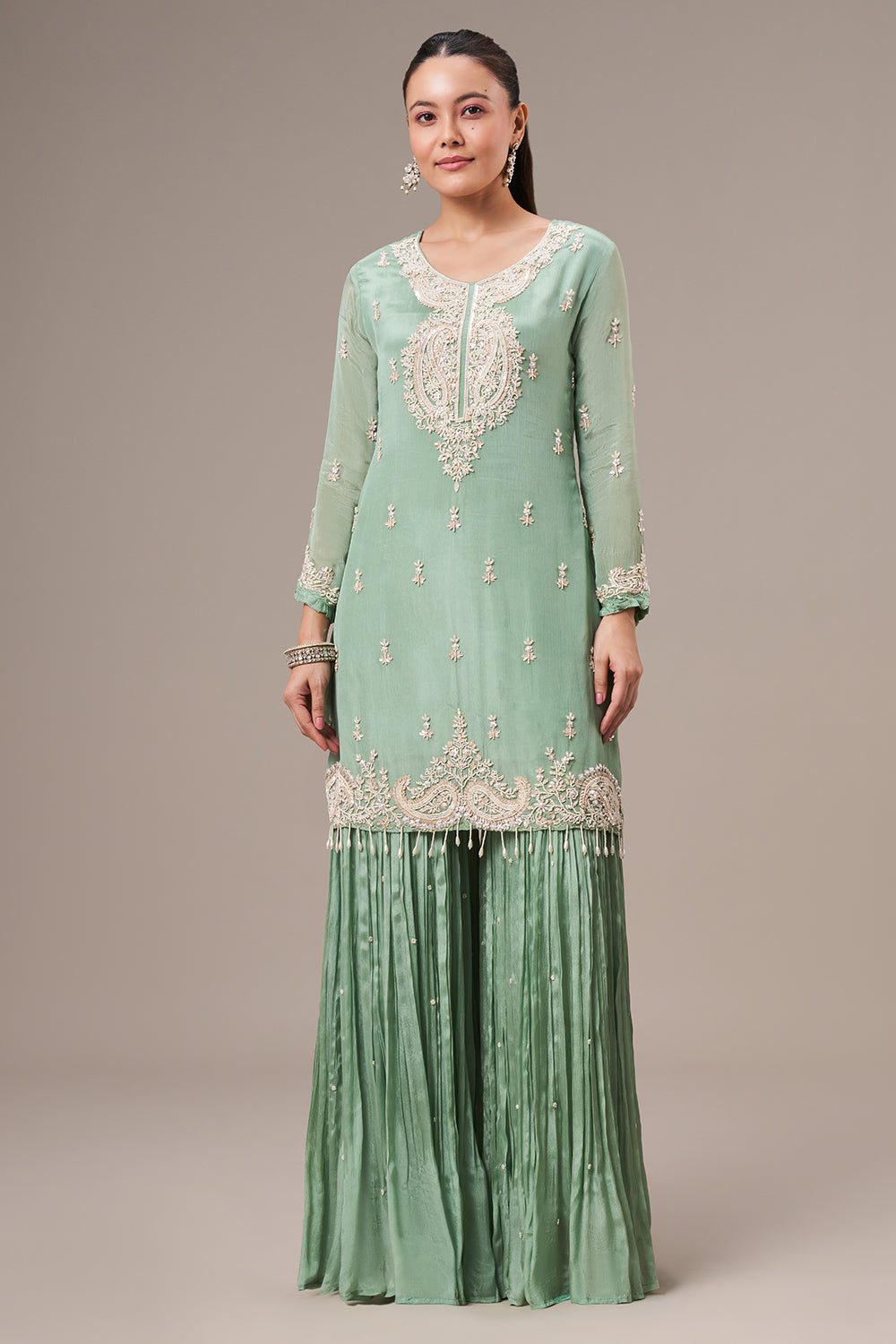 Pista Green Chinon Sharara Suit with Pearl and Sequin Work