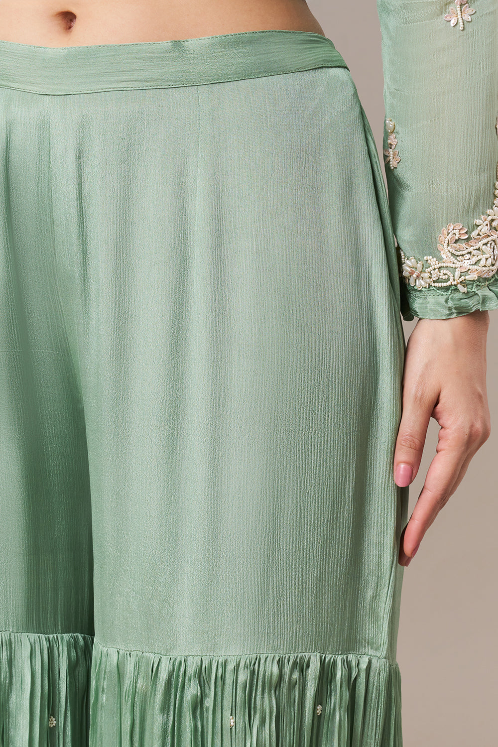 Pista Green Chinon Sharara Suit with Pearl and Sequin Work