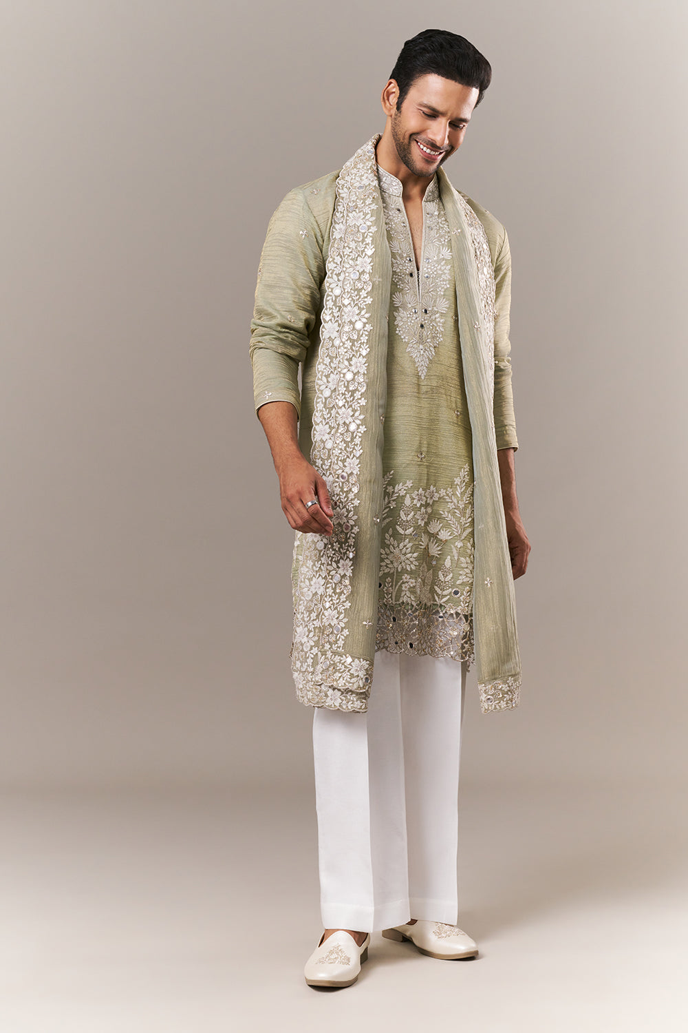 Pista Green Crush Mens Kurta Set with Dori and Mirror Work