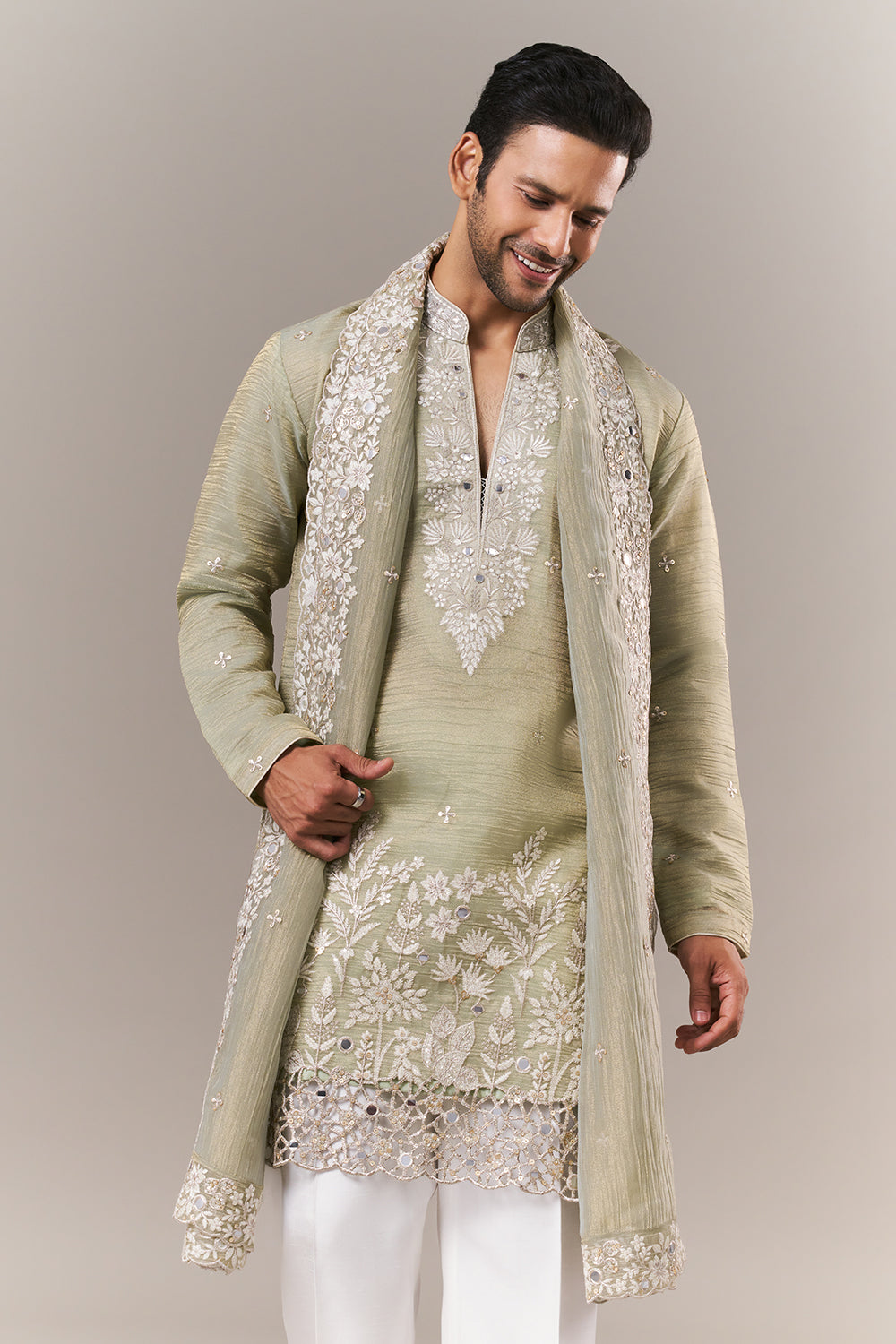 Pista Green Crush Mens Kurta Set with Dori and Mirror Work