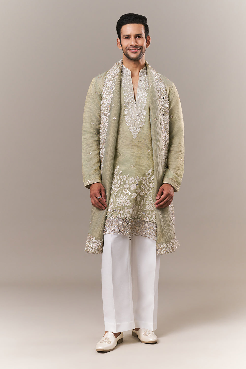Pista Green Crush Mens Kurta Set with Dori and Mirror Work