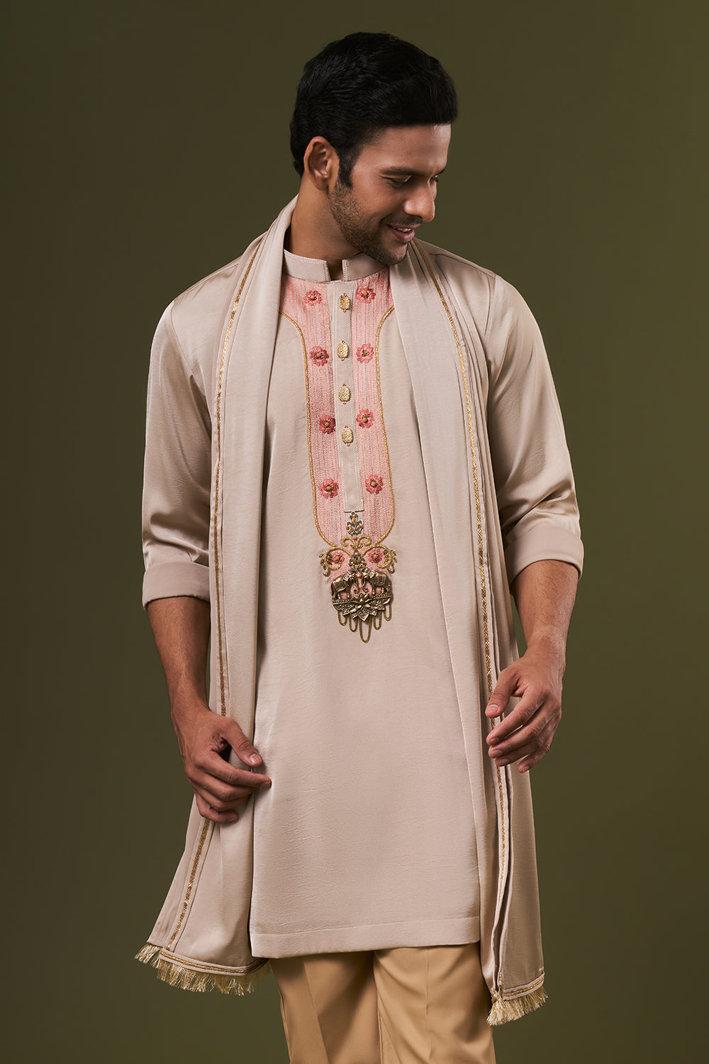 Taupe Satin Mens Kurta Set with Cutdana and Threads Work