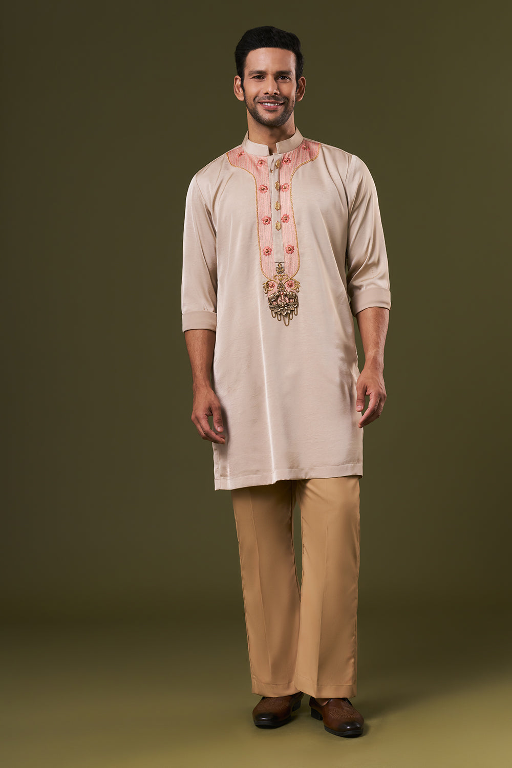 Taupe Satin Mens Kurta Set with Cutdana and Threads Work