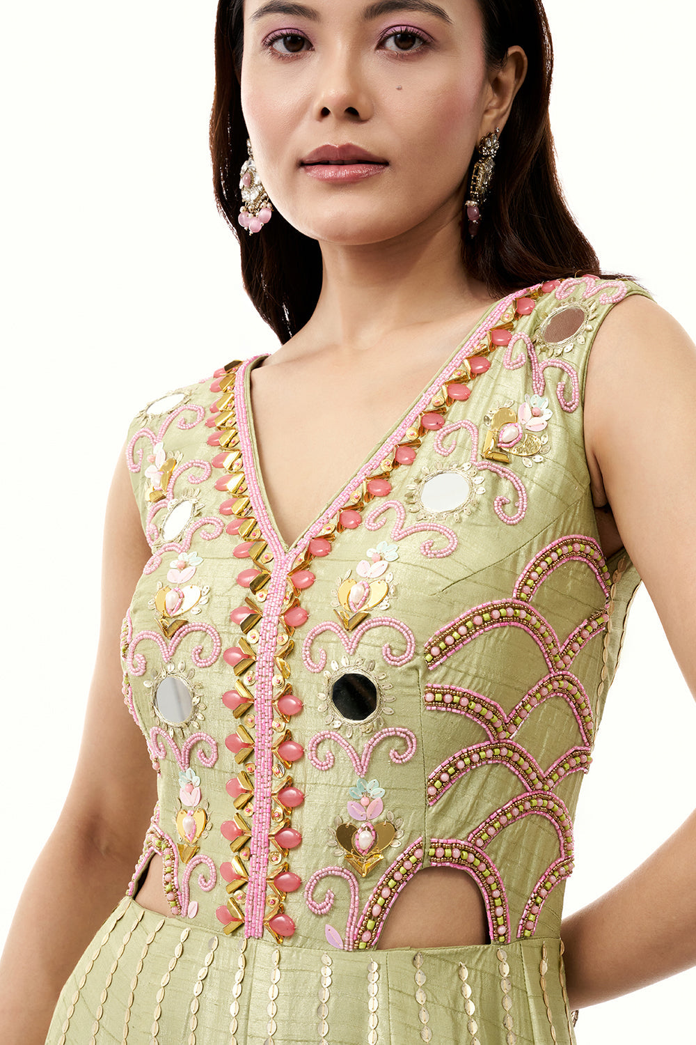 Pista Green Raw Silk Jumpsuit with Colourful 3D Work
