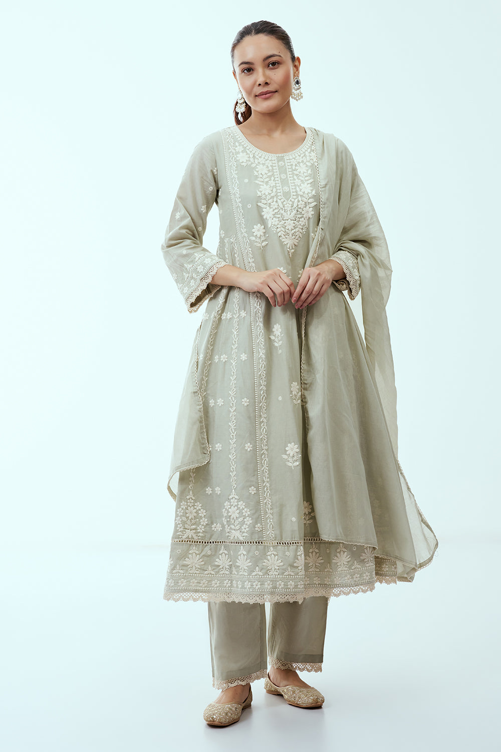 Pista Green Mul Cotton Anarkali Set with Lucknowi Embroidery
