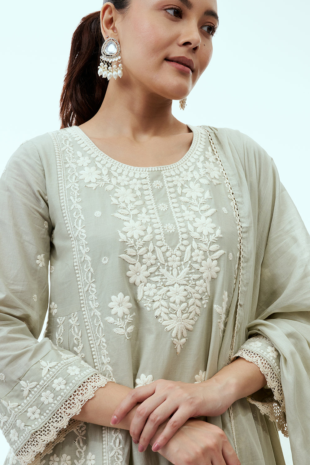 Pista Green Mul Cotton Anarkali Set with Lucknowi Embroidery
