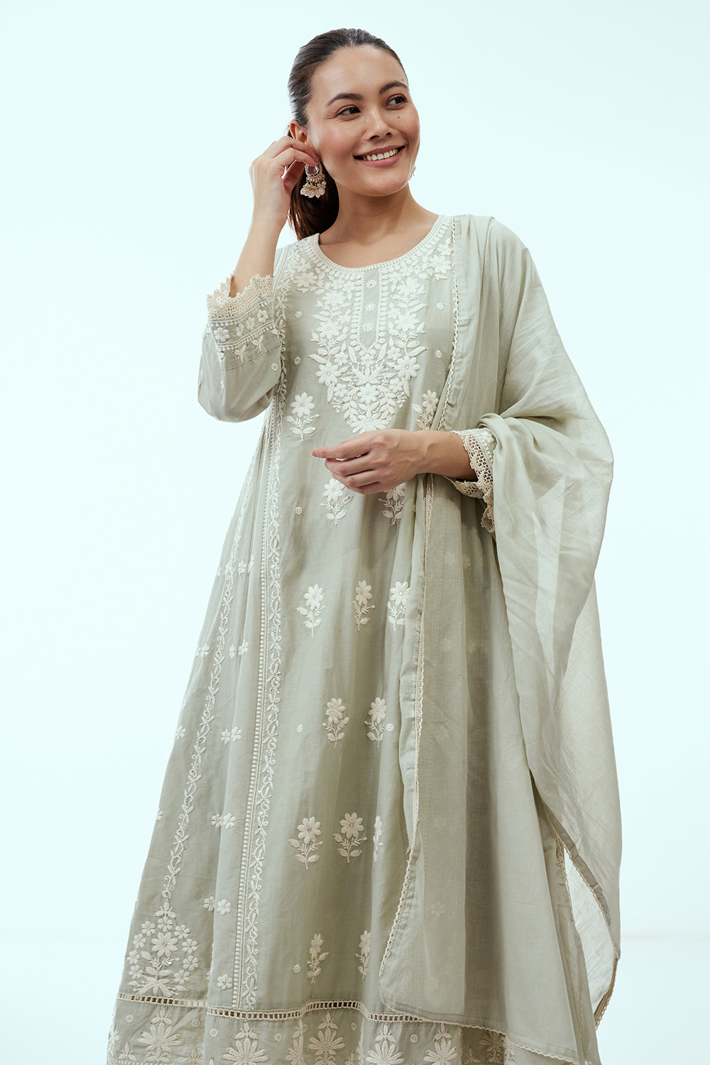 Pista Green Mul Cotton Anarkali Set with Lucknowi Embroidery