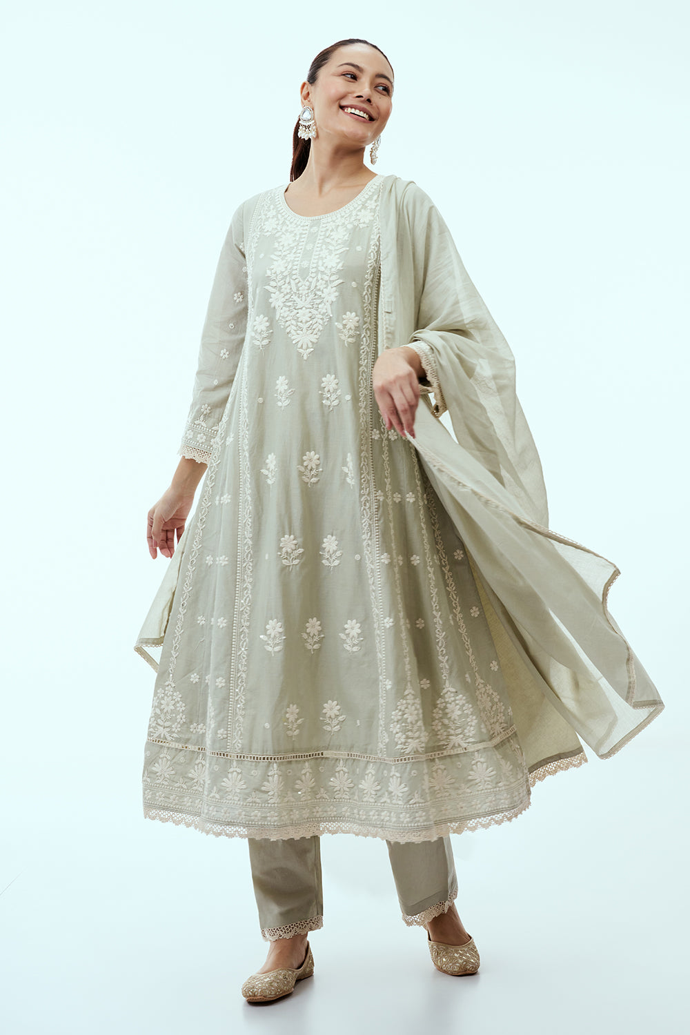 Pista Green Mul Cotton Anarkali Set with Lucknowi Embroidery