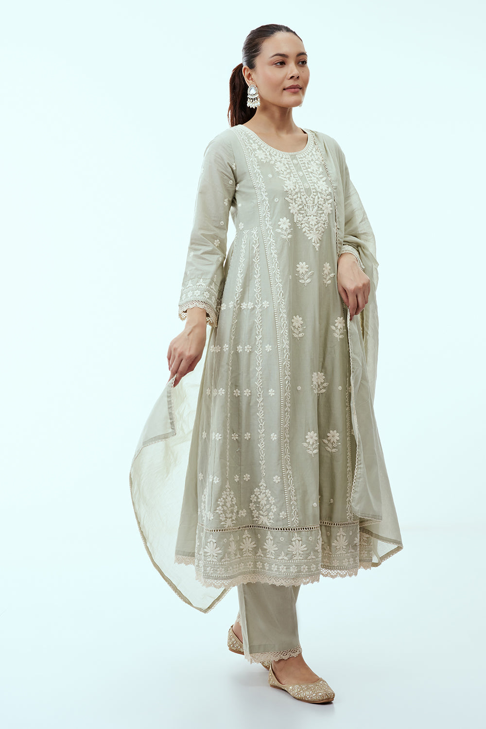 Pista Green Mul Cotton Anarkali Set with Lucknowi Embroidery
