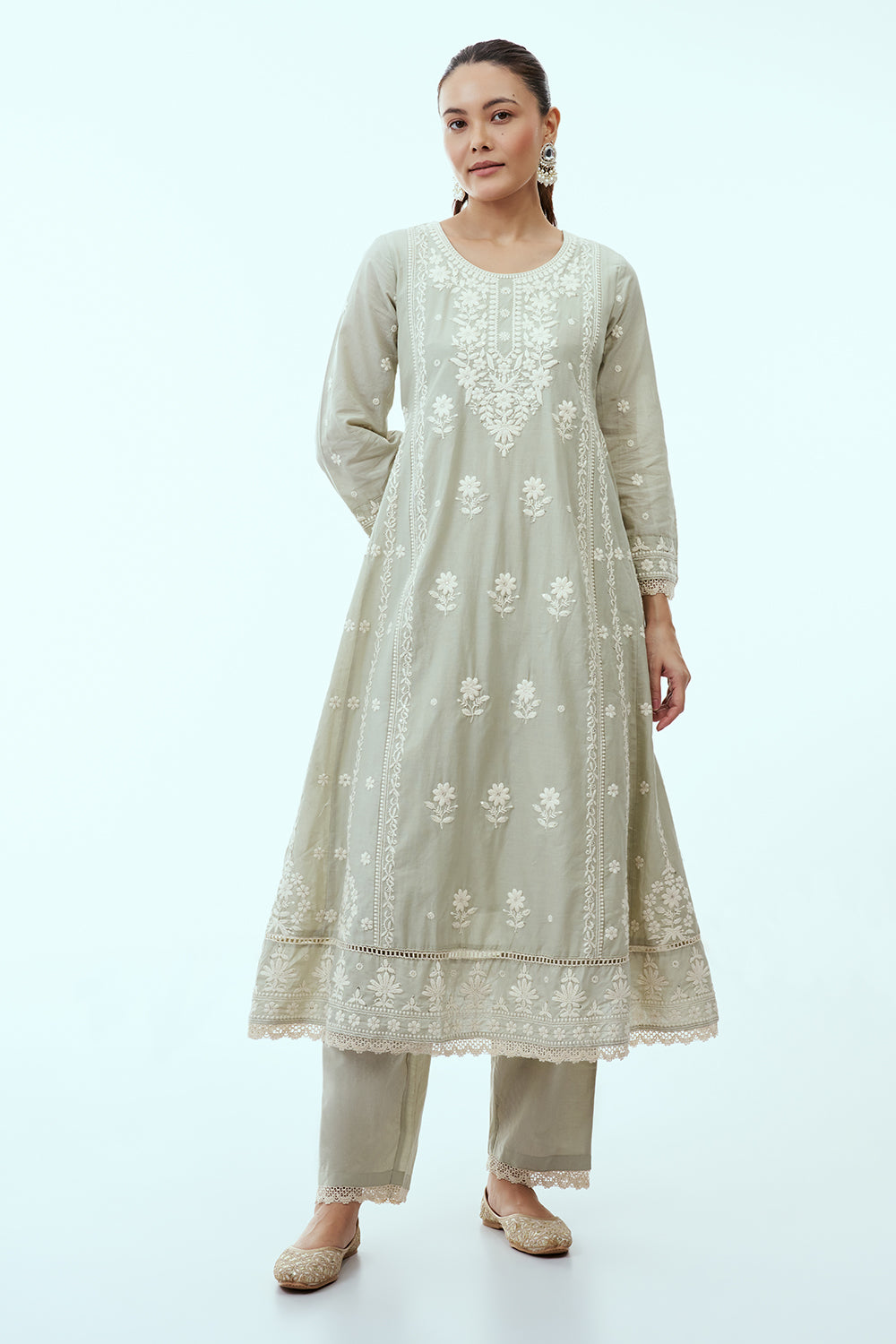 Pista Green Mul Cotton Anarkali Set with Lucknowi Embroidery