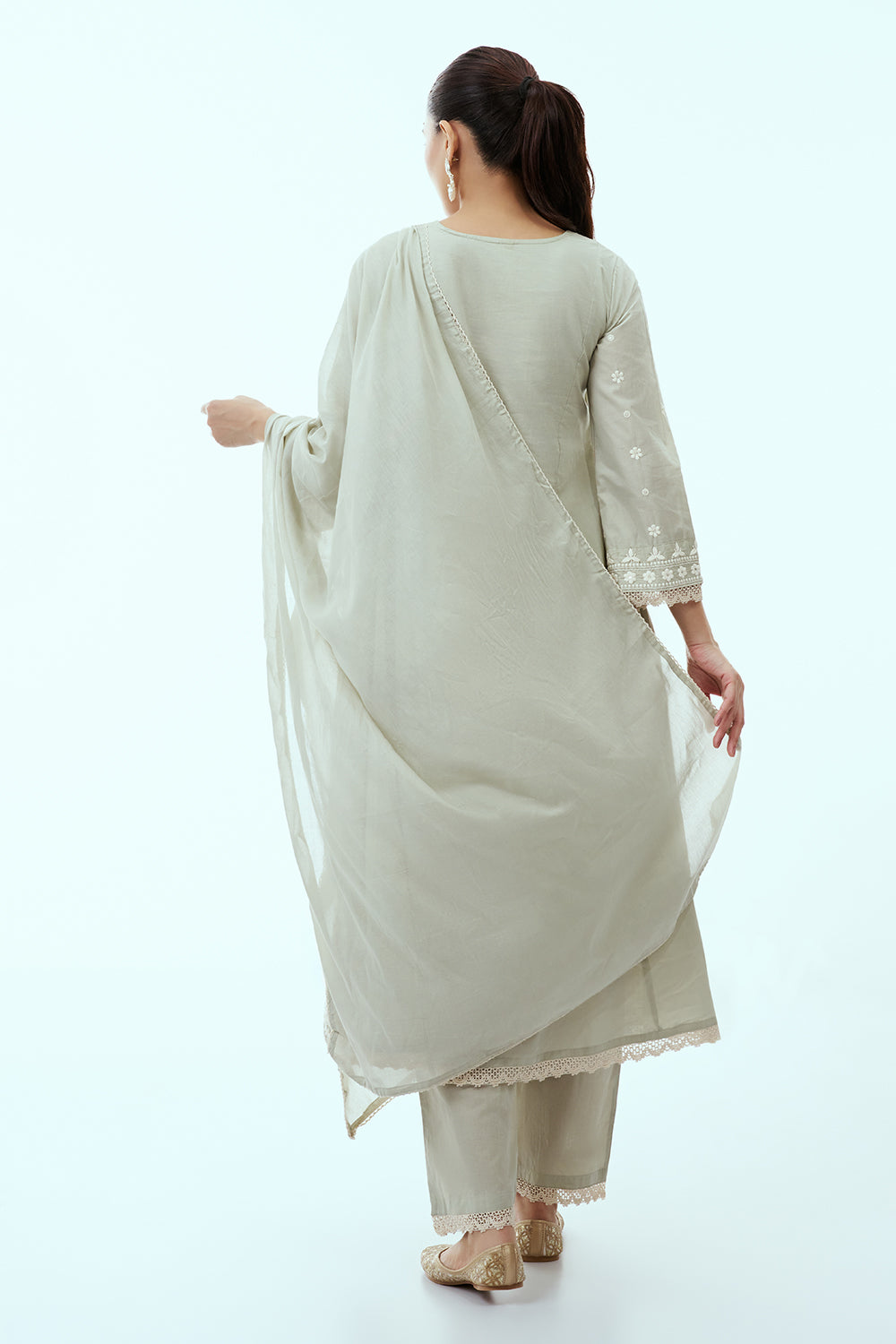 Pista Green Mul Cotton Anarkali Set with Lucknowi Embroidery