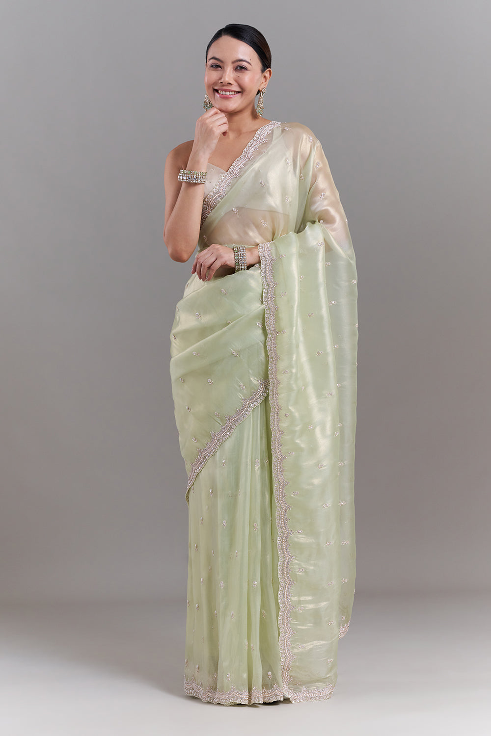 Pista Green Shimmer Tissue Embellished Saree