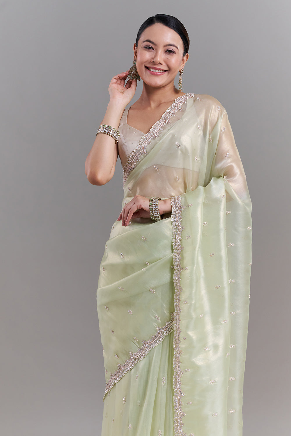 Pista Green Shimmer Tissue Embellished Saree