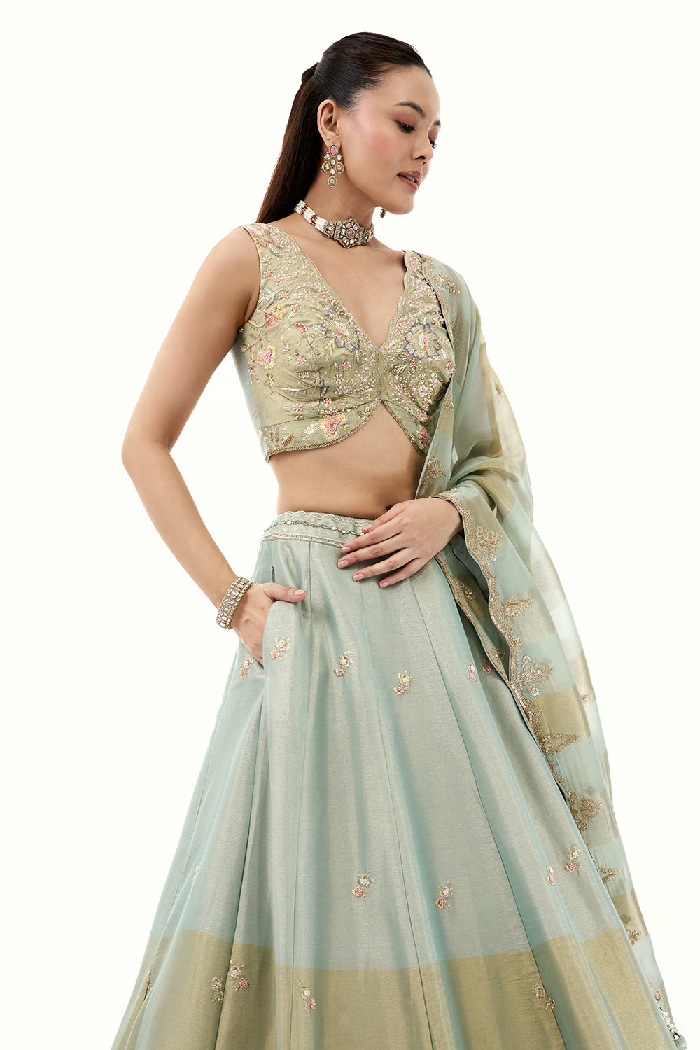 Pista Green Silk Lehenga with Resham Embroidery