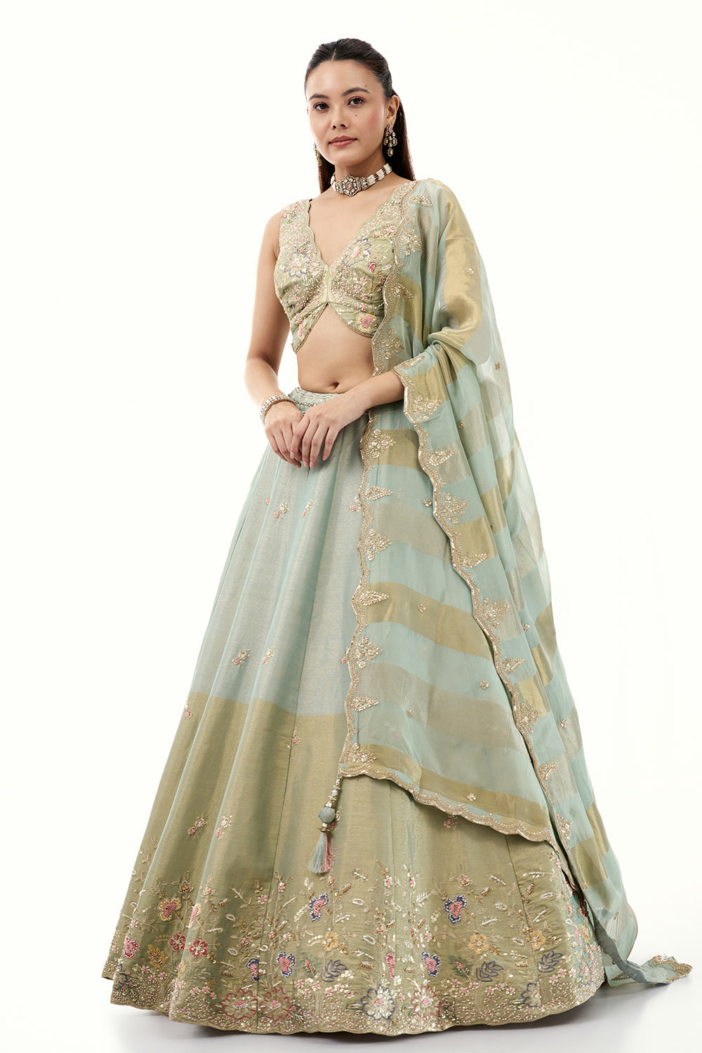 Pista Green Silk Lehenga with Resham Embroidery
