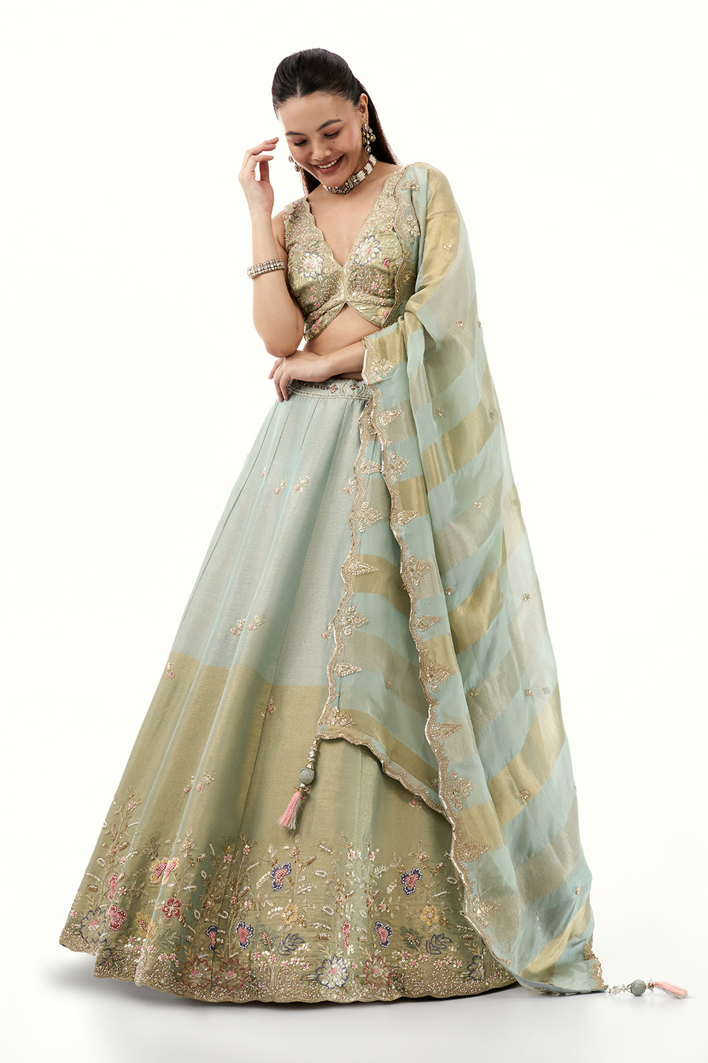 Pista Green Silk Lehenga with Resham Embroidery