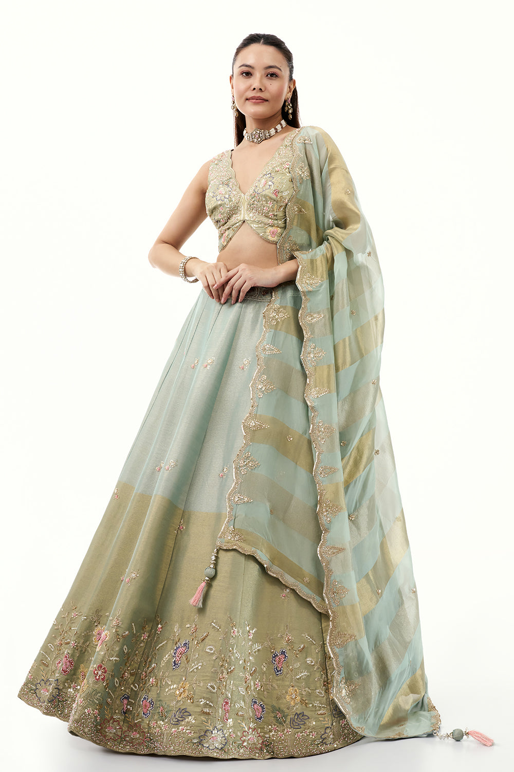 Pista Green Silk Lehenga with Resham Embroidery