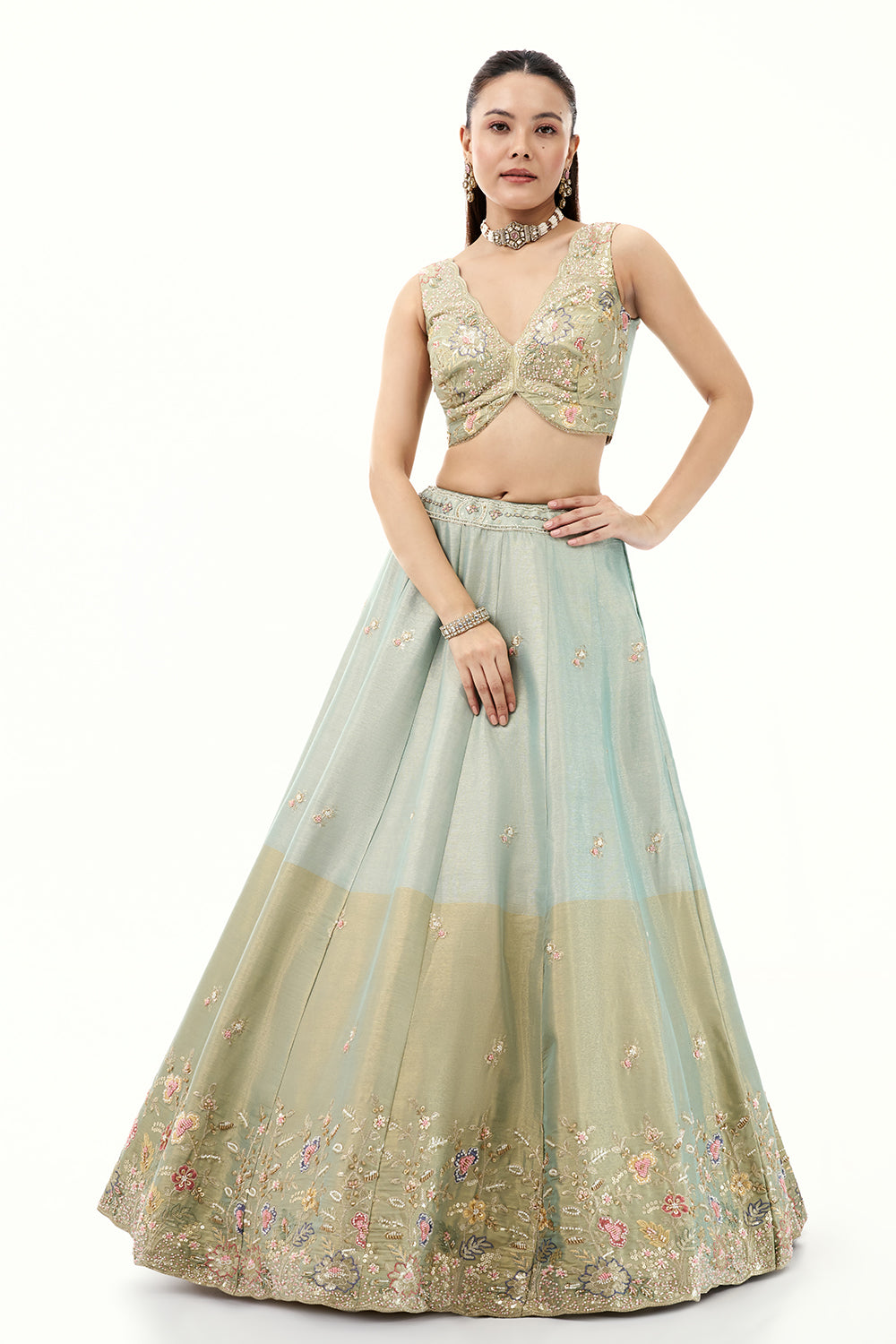 Pista Green Silk Lehenga with Resham Embroidery