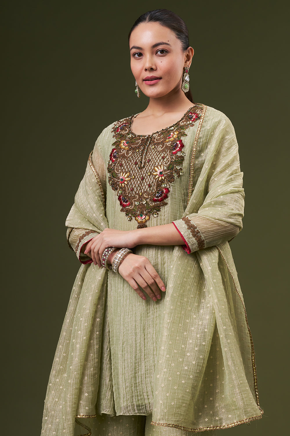 Pista Green Tissue Salwar Kameez with Thread and Zari Work