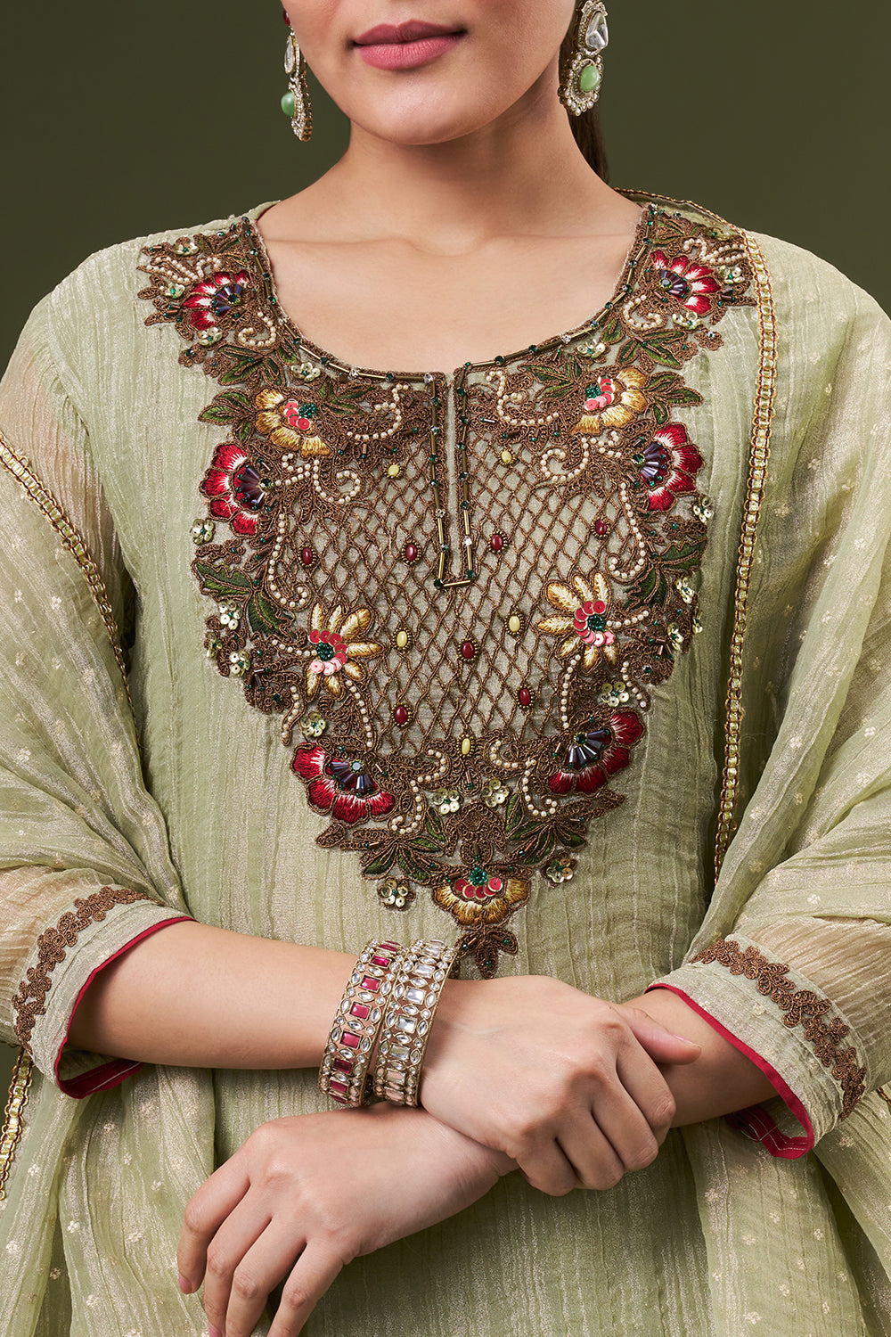 Pista Green Tissue Salwar Kameez with Thread and Zari Work