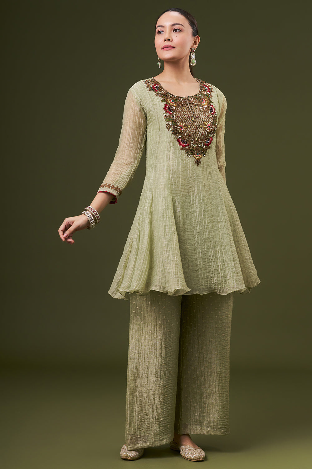 Pista Green Tissue Salwar Kameez with Thread and Zari Work