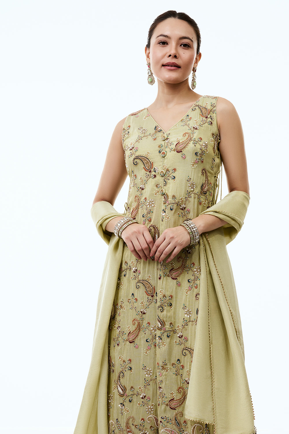 Pista Green Tissue Silk Palazzo Set With Cutdana and Resham Work