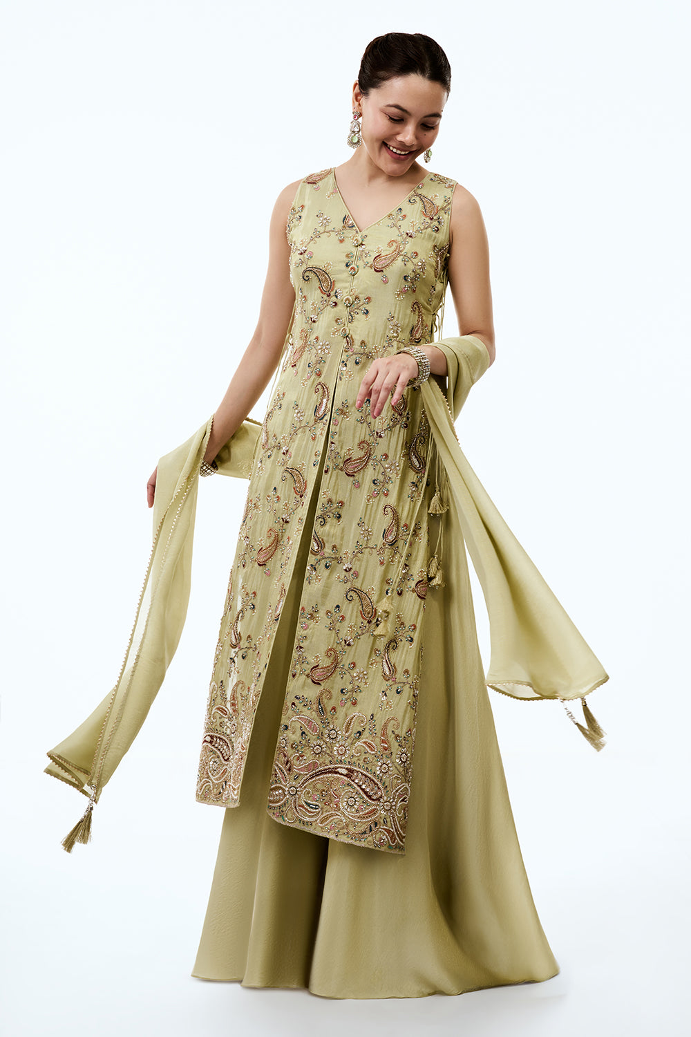 Pista Green Tissue Silk Palazzo Set With Cutdana and Resham Work