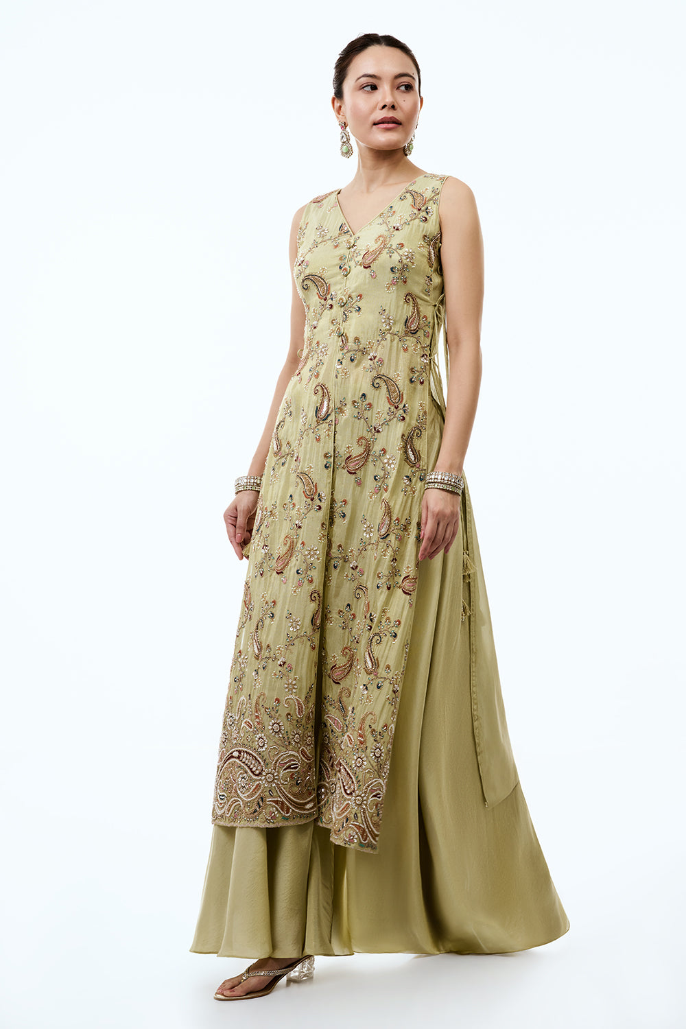 Pista Green Tissue Silk Palazzo Set With Cutdana and Resham Work