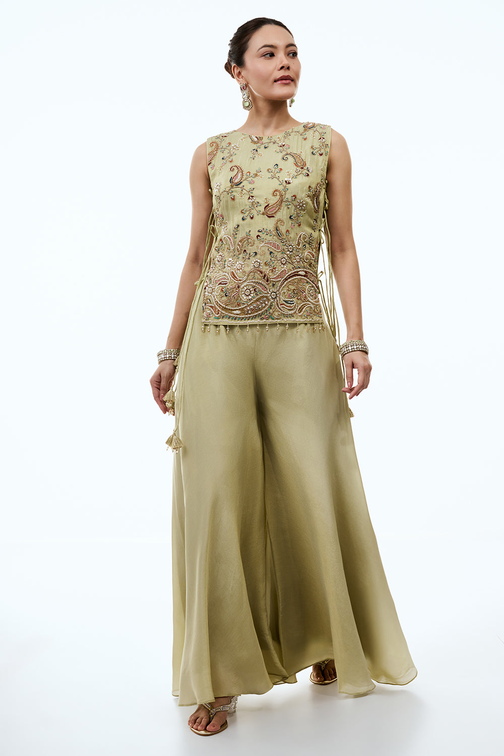 Pista Green Tissue Silk Palazzo Suit with Cutdana and Resham Work
