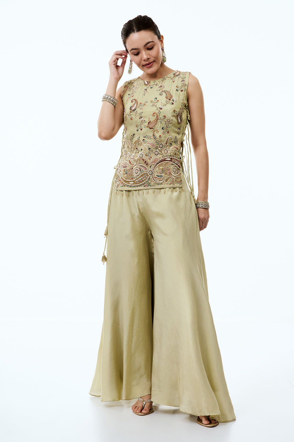 Pista Green Tissue Silk Palazzo Suit with Cutdana and Resham Work