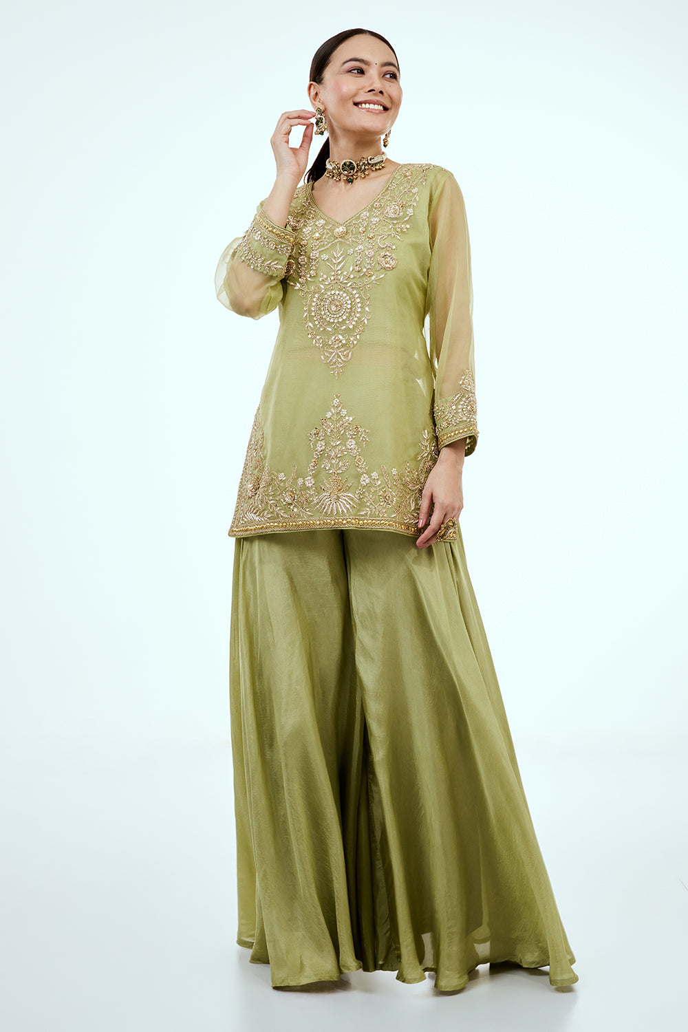 Pista Green Uppada Silk Co-ord Set with Zardosi Work