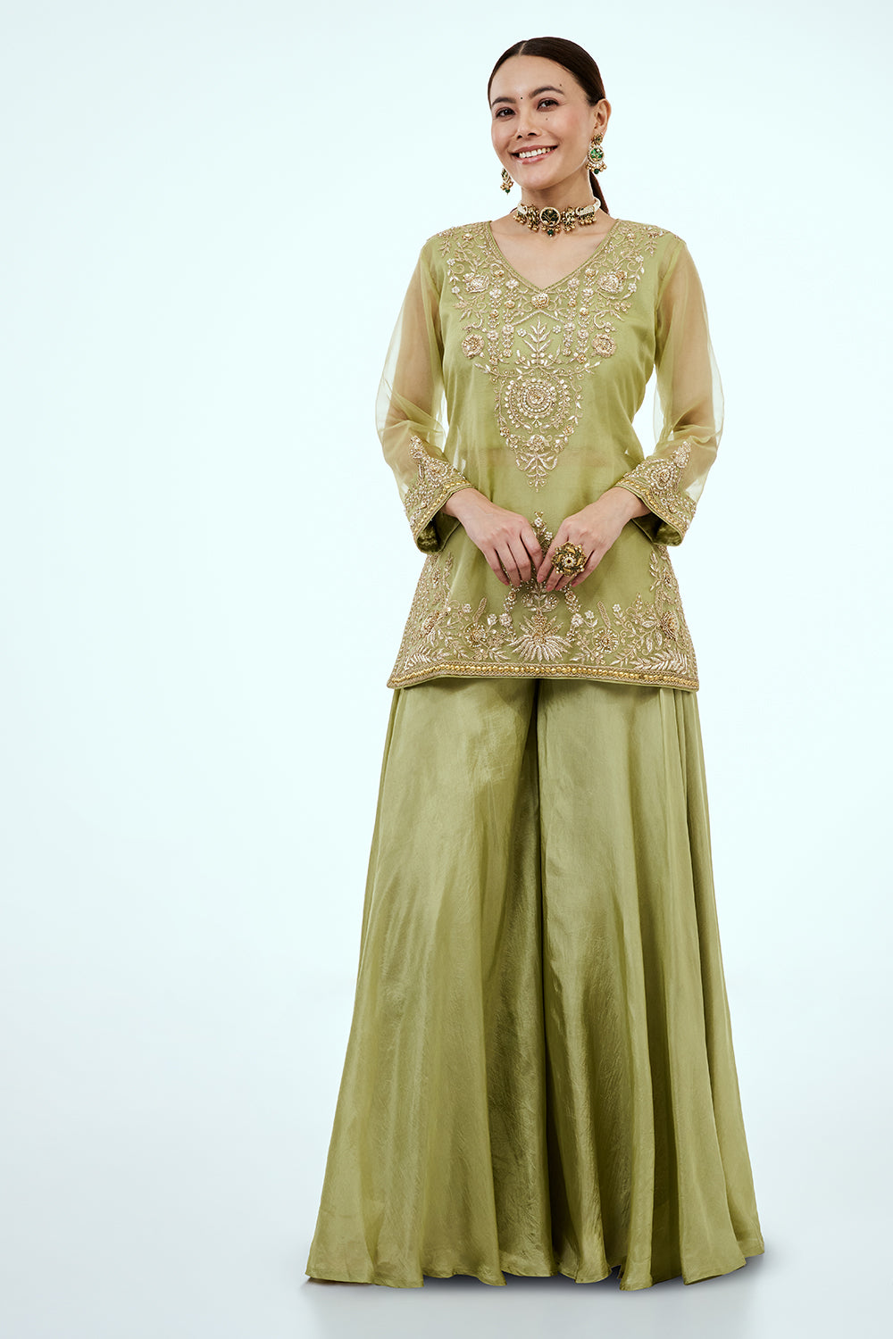 Pista Green Uppada Silk Co-ord Set with Zardosi Work